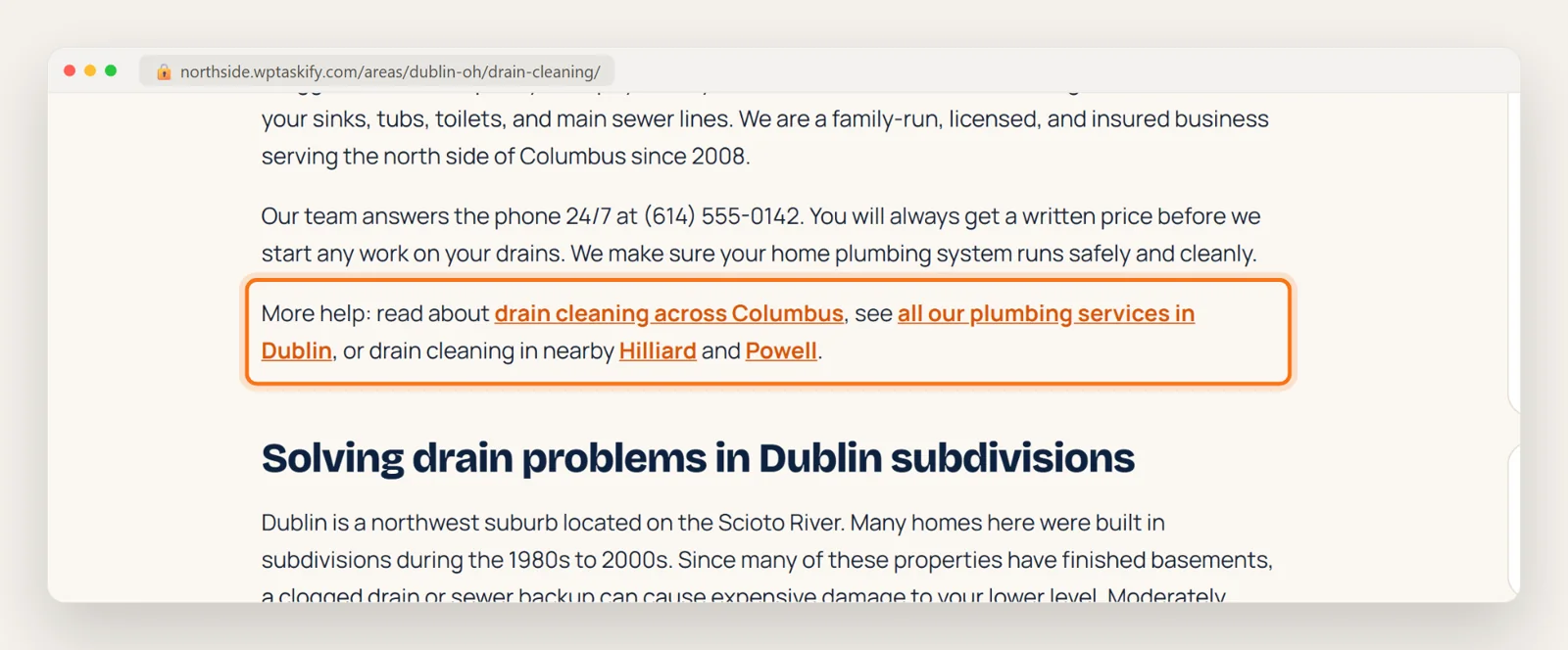 A page paragraph with internal links to the service hub, the town hub and two nearby towns