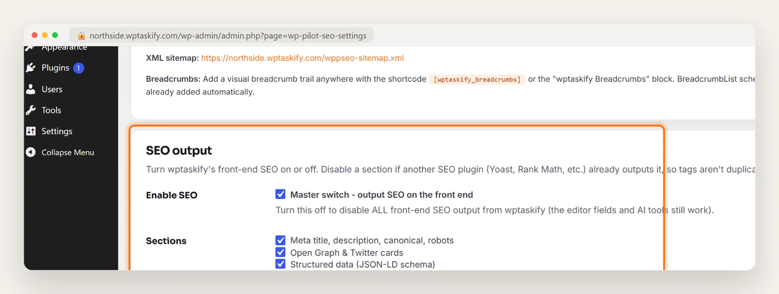 wptaskify SEO output settings with switches for meta tags, Open Graph and structured data