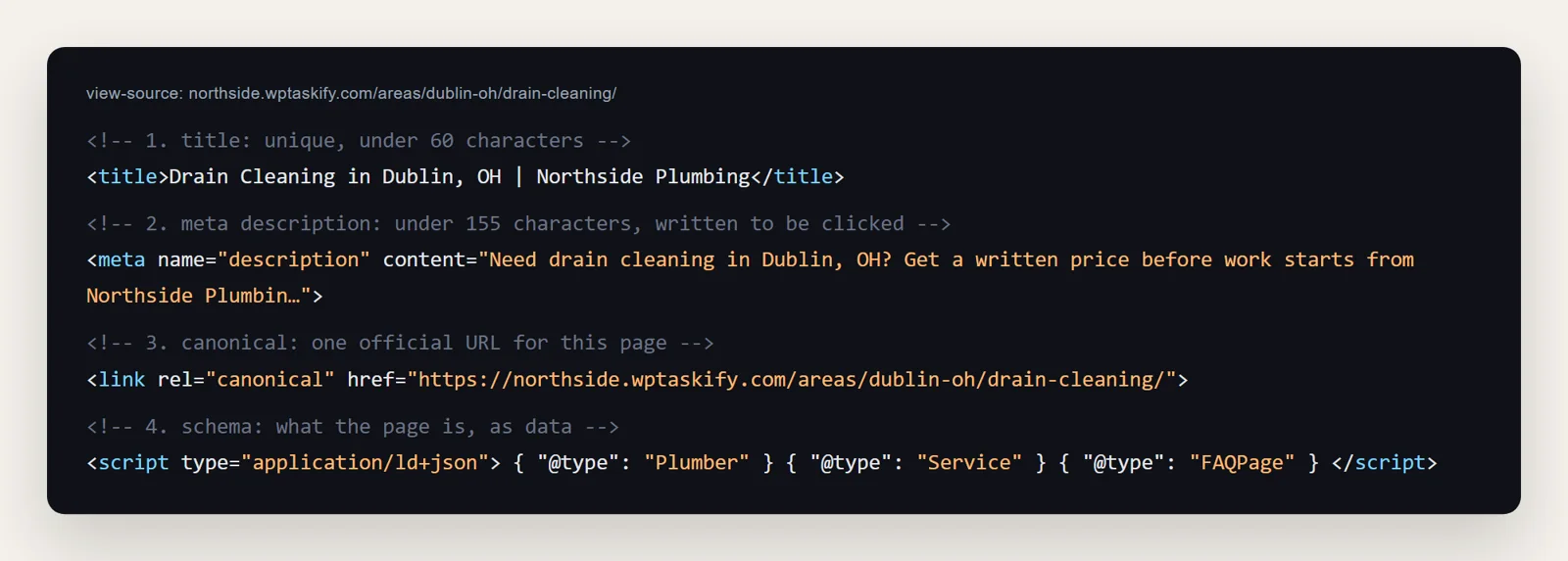 Page source showing the title tag, meta description, canonical link and JSON-LD schema types