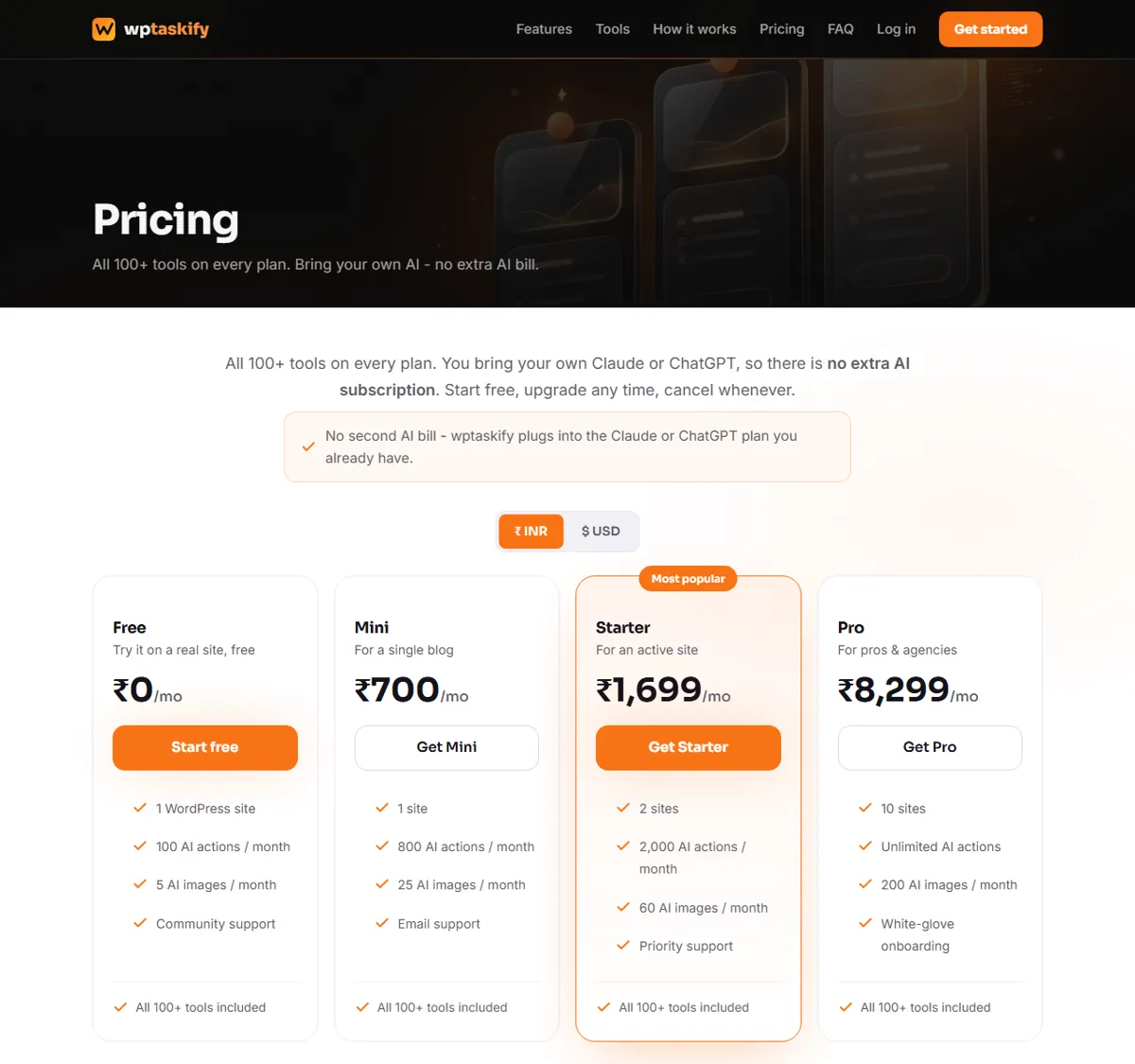 wptaskify pricing showing bring-your-own-AI plans