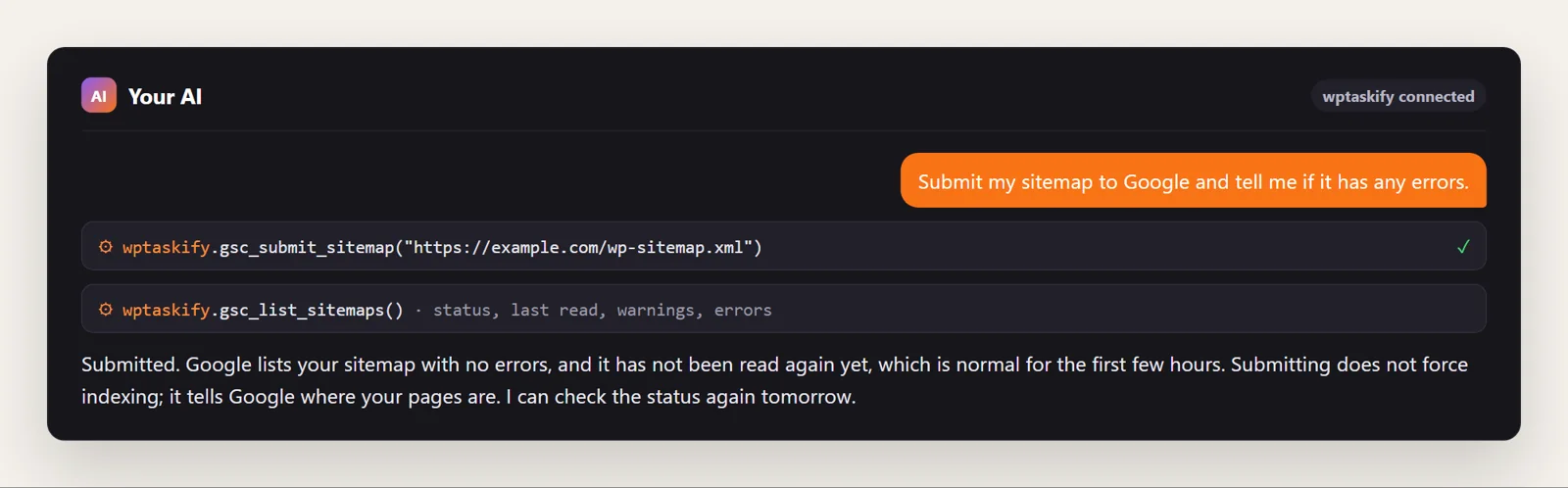 Example conversation: the AI submits the sitemap with gsc_submit_sitemap and checks it with gsc_list_sitemaps