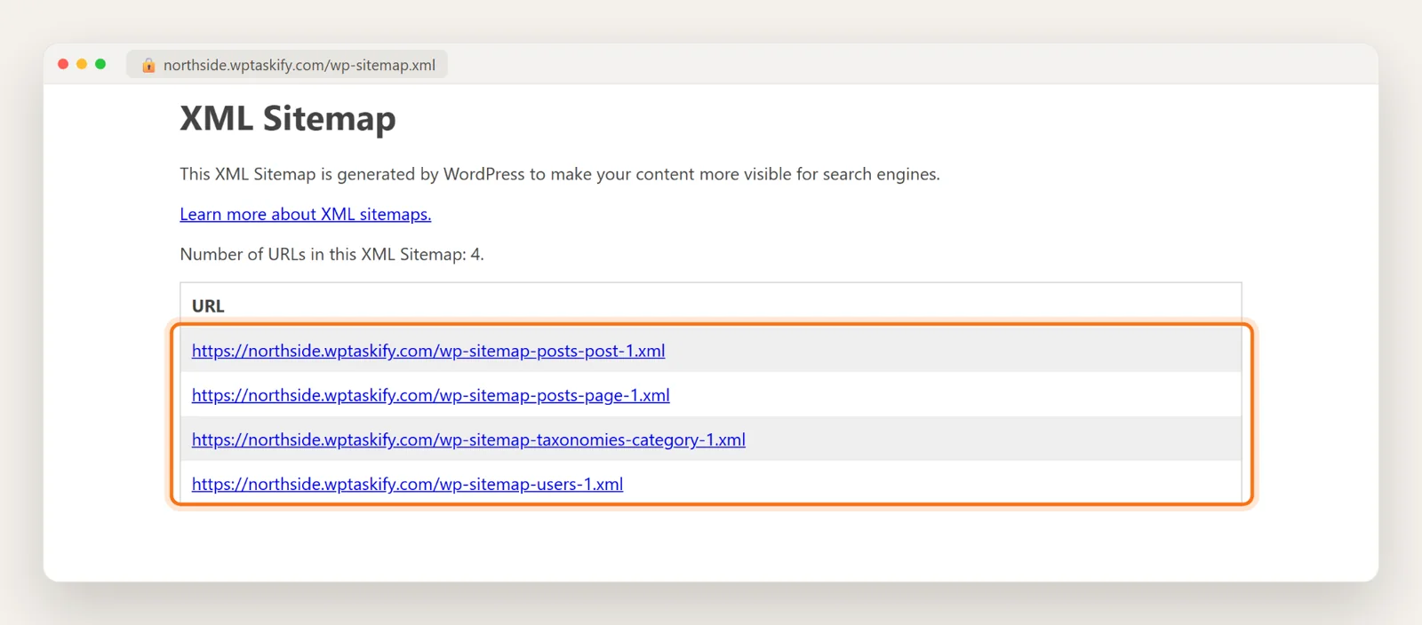 WordPress wp-sitemap.xml index listing four sitemaps: posts, pages, category taxonomy and users