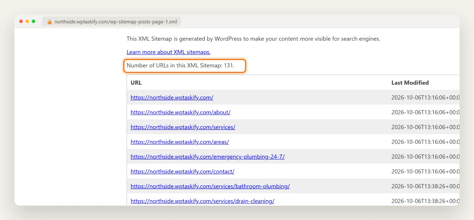 WordPress pages sitemap showing 131 URLs with last modified dates