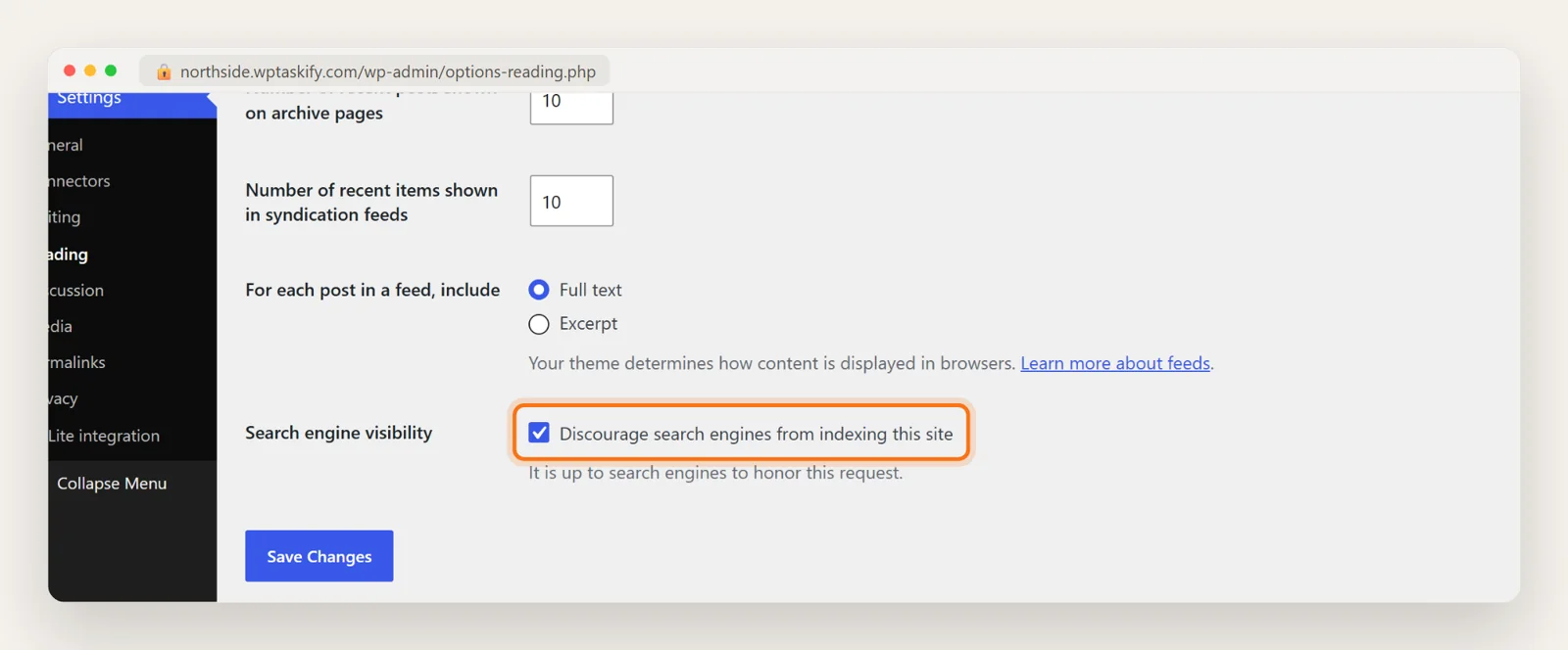 WordPress Reading Settings with Discourage search engines from indexing this site ticked