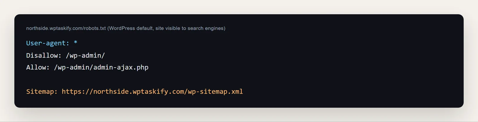 WordPress robots.txt with User-agent, Disallow wp-admin and a Sitemap line pointing to wp-sitemap.xml