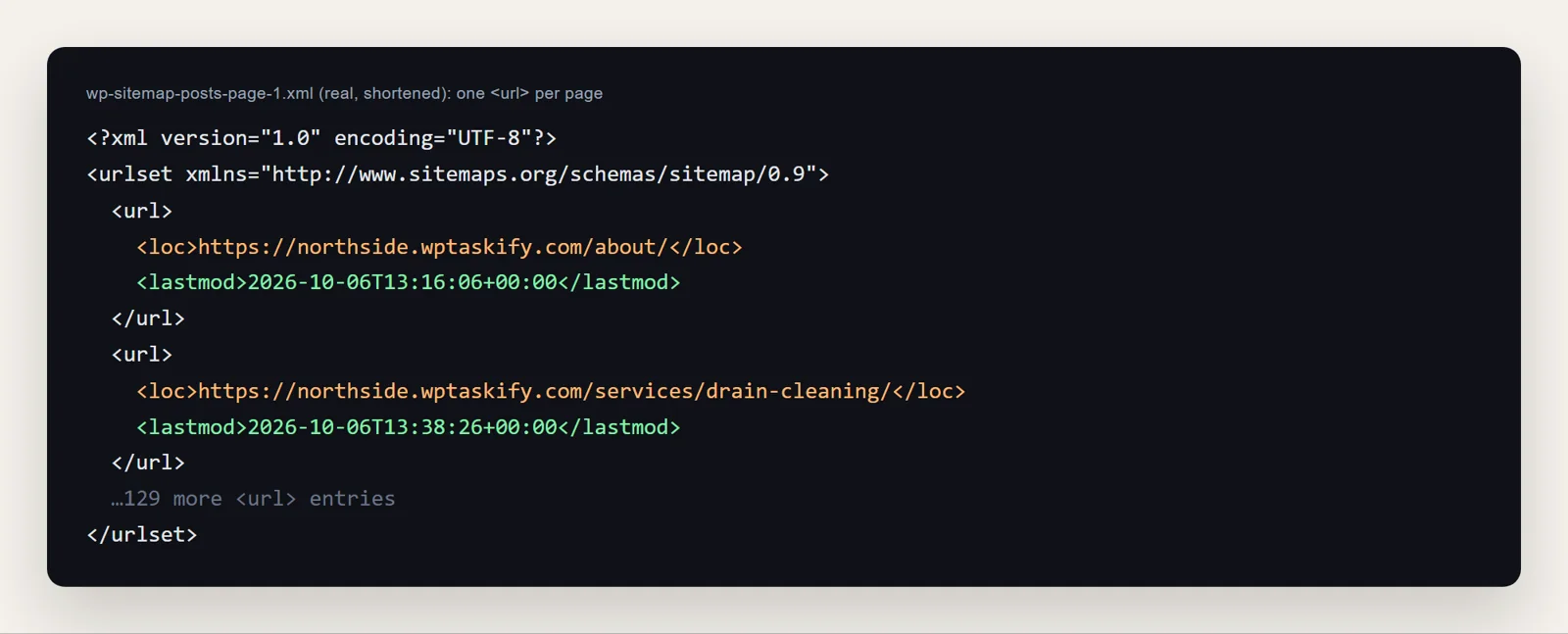 Real WordPress XML sitemap code with url, loc and lastmod entries for the About and drain cleaning pages