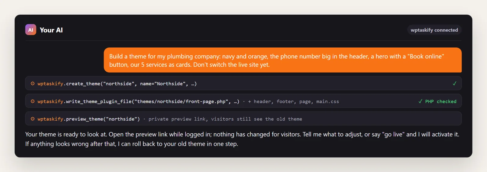 Example conversation: the AI creates a theme from a brief with create_theme and write_theme_plugin_file and shares a private preview with preview_theme