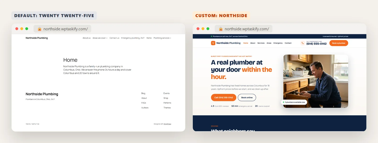The same WordPress home page with the default Twenty Twenty-Five theme and with the custom Northside plumbing theme