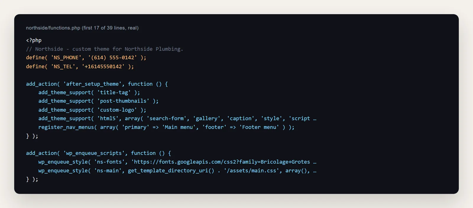The real functions.php of the Northside theme with theme supports, menus and stylesheet loading