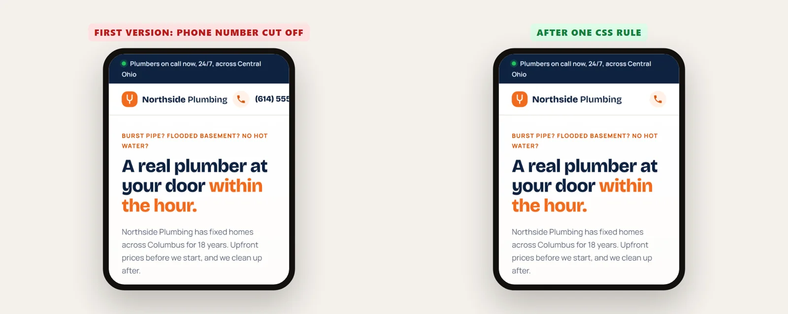 The Northside theme on a phone before and after the fix: first the phone number is cut off, then only the call icon shows