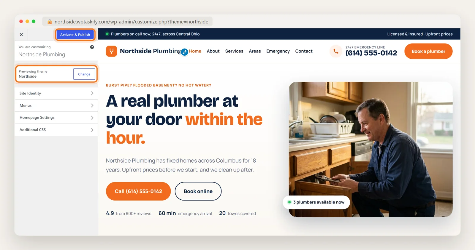 WordPress Customizer previewing the Northside theme with the Activate and Publish button, while the live site still uses the old theme
