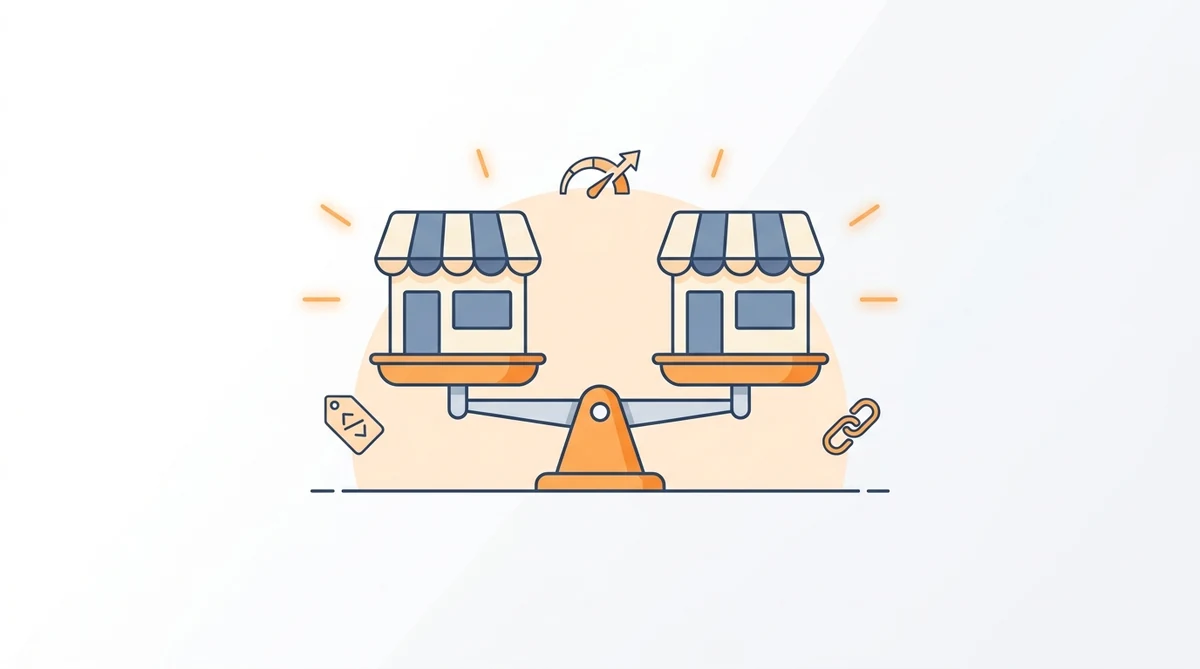 WooCommerce and Shopify stores compared on a balance for SEO, with speed, schema and links signals