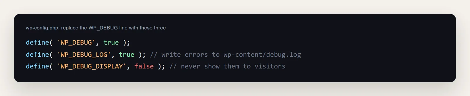 wp-config.php lines enabling WP_DEBUG, WP_DEBUG_LOG and turning off WP_DEBUG_DISPLAY