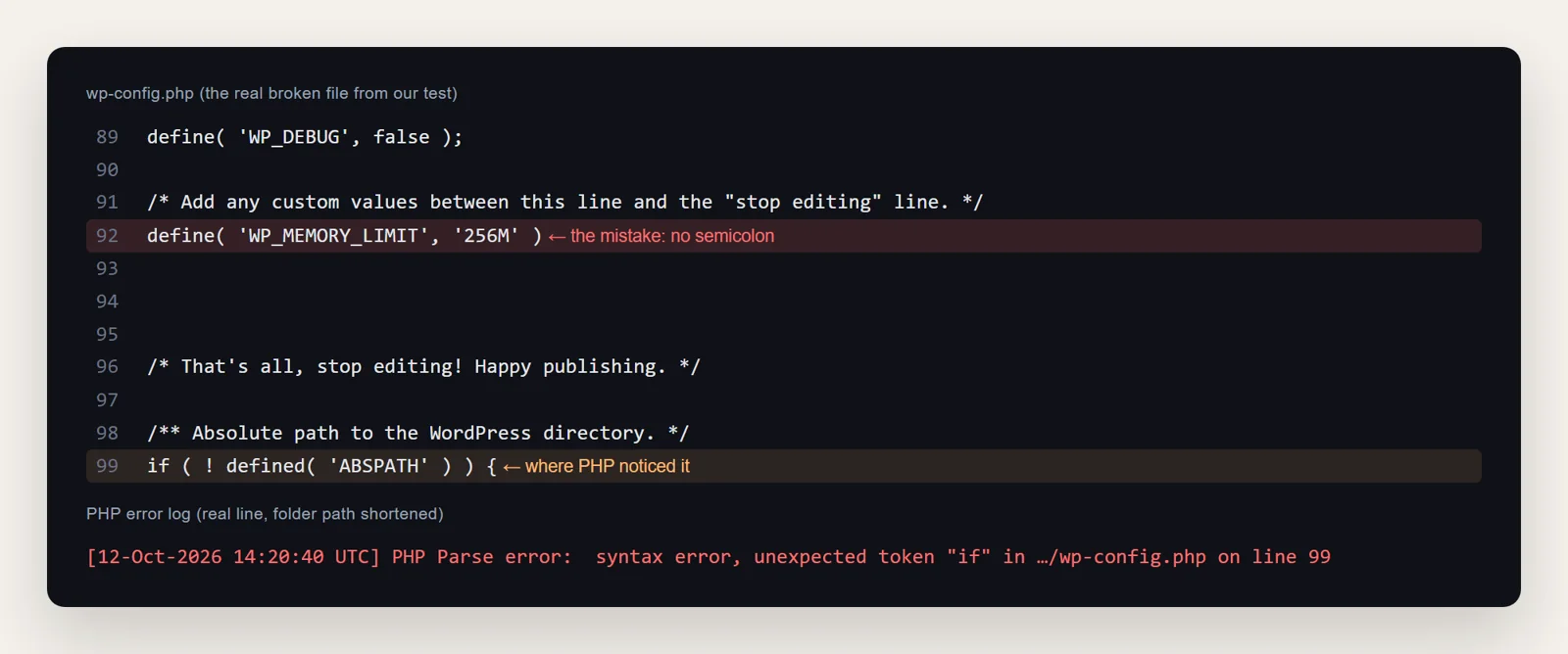 wp-config.php with a missing semicolon on line 92 and the PHP error log reporting a parse error on line 99
