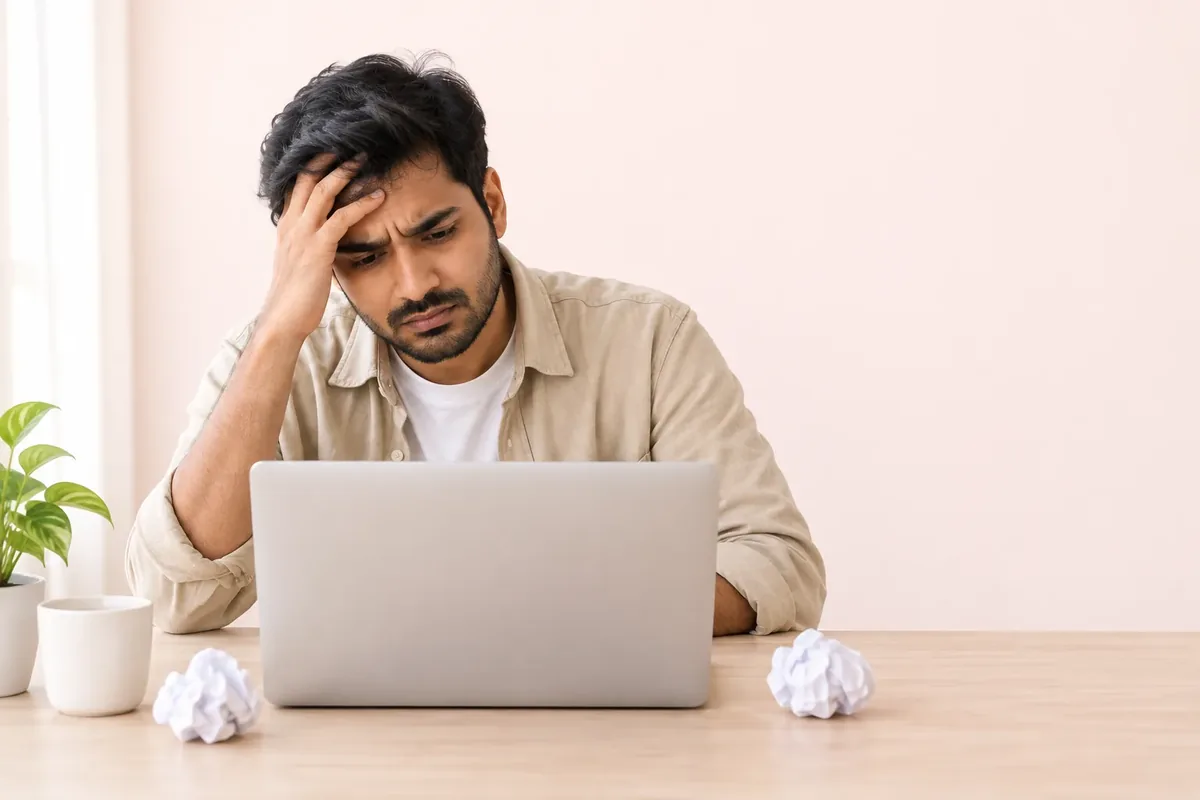 A frustrated man at his laptop, surrounded by broken app connections